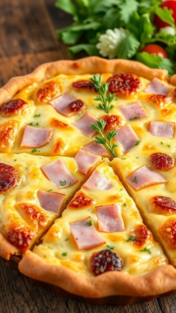 A golden-brown cheese and ham quiche sliced into wedges, garnished with herbs on a wooden table.